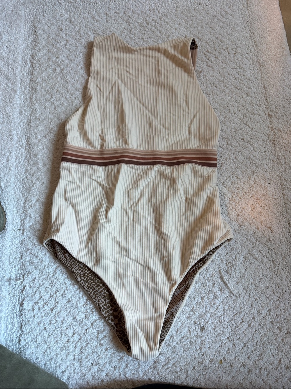 acacia swimwear Cream Ribbed One-Piece with Brown Striped Waist